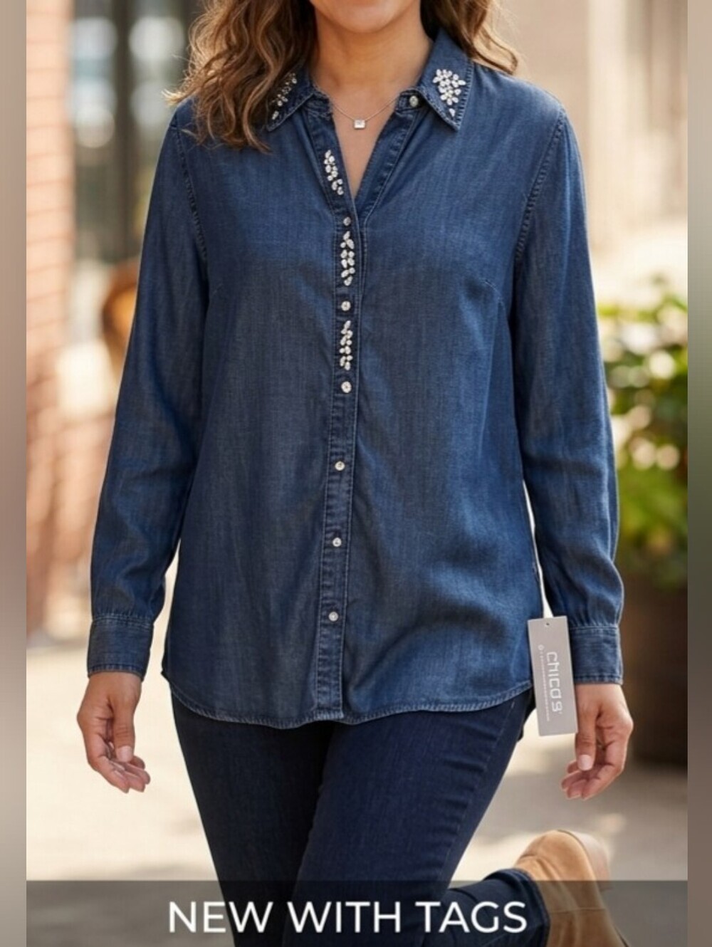 Chico's Embellished Denim Tencel Shirt Size 2 Blue Rhinestone Collar Blouse NWT